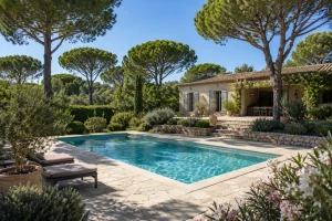 Piscine d'une villa entourée de pins dans le Var
